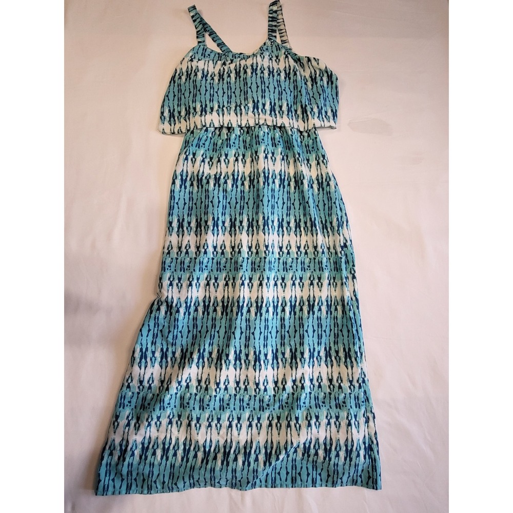 Jaqueline Design Studio Blue White Abstract Ikat Popover Maxi Dress Womens L